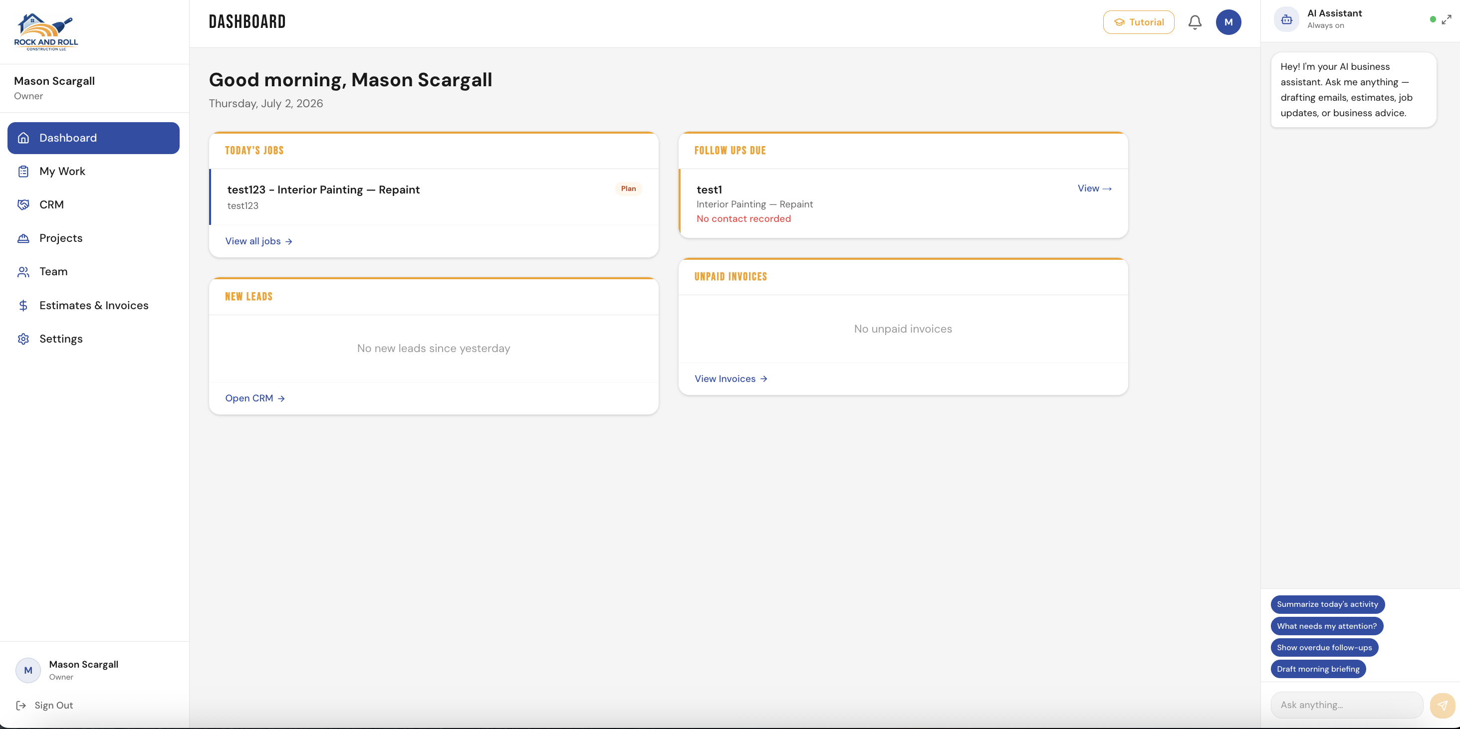 Rock and Roll Construction business dashboard